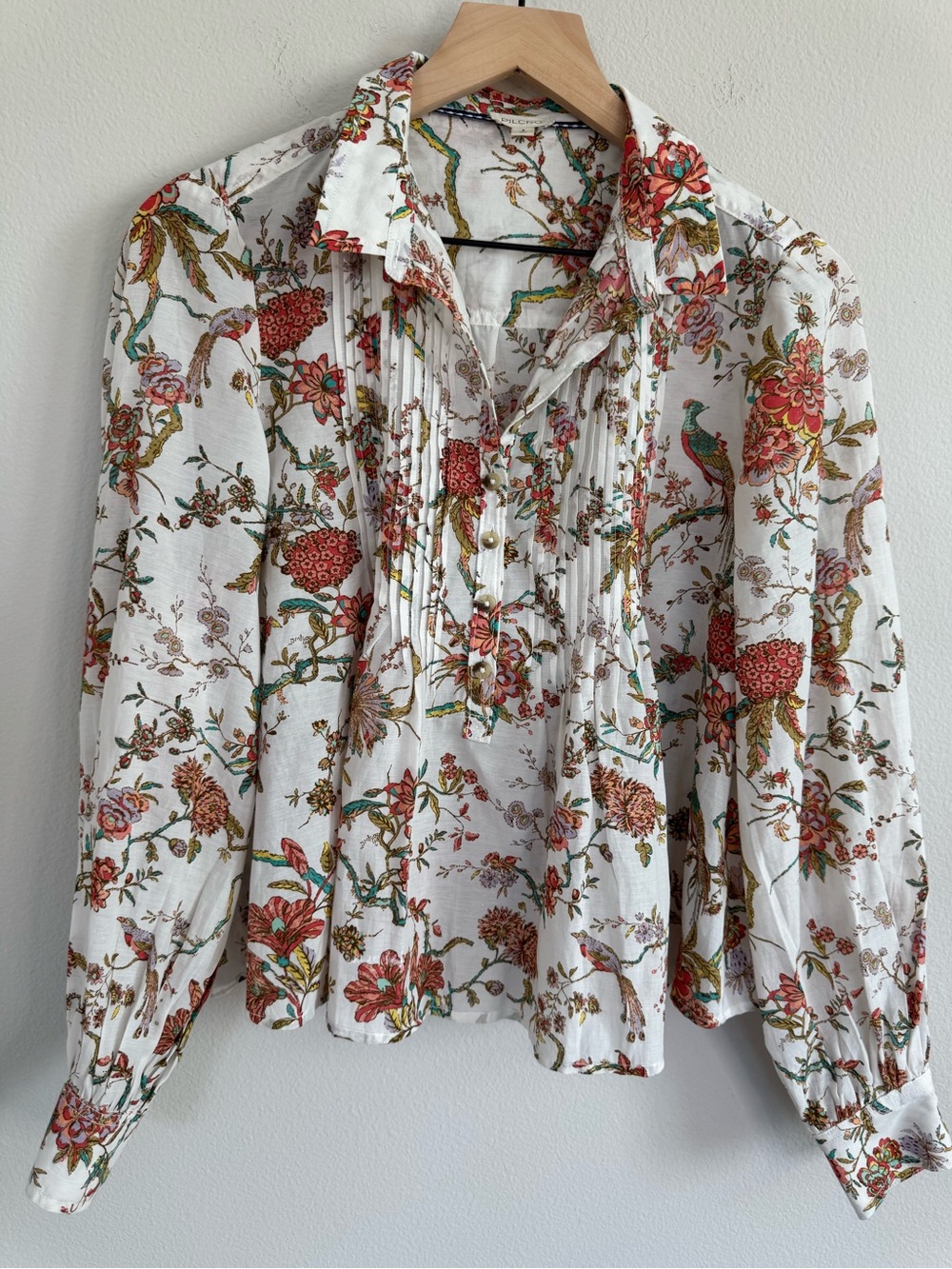 Pilcro Anthropologie Floral Bird Pintuck Blouse Boho Cottagecore Peasant Top S - Picture 2 of 12